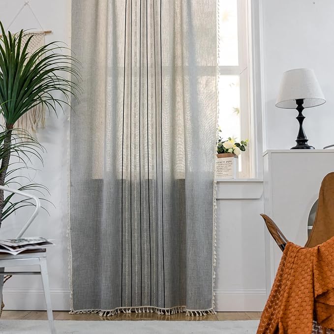 Deeprove Boho Style Curtains 96 inches Long, Vintage Bohemian Embroidery Striped Farmhouse Cotton Linen Fringe Window Treatments Bedroom Nursery Decor, W52 x L96, 1 Panel Dusty Grey and Stone Blue