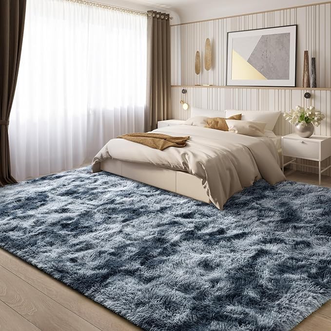 EVOIONOS 5x7 Washable Large Area Rug Living Room, Fluffy Shag Rug Bedroom, Ultra Soft Plush Non Slip Carpet Indoor Floor Bedside Nursery Kids Girls Room Dorm, Home Decor Aesthetic, Tie-Dyed Blue Grey