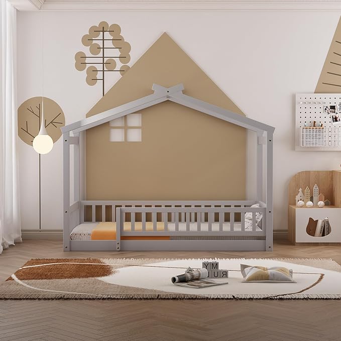 Merax Twin Size Wooden House Bed with Fence, Wood Bed Frame with Roof and Safety Guardrail for Kids, Teens, Boys or Girls, Gray