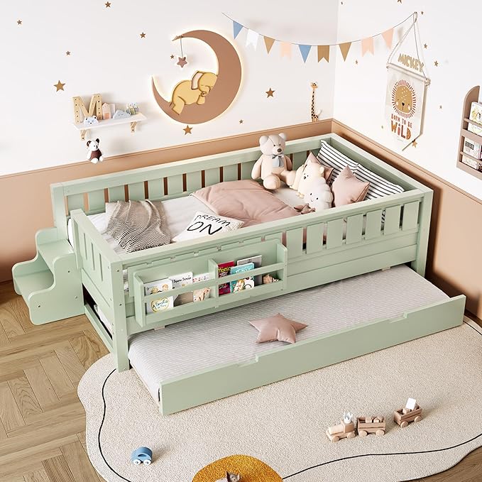 Bellemave Twin Bed with Trundle Twin and Stairs, Twin Size Platform Bed Frame with Fence and Bookshelf, Easy Assemble Beds for Kids, Girls, Boys, Green