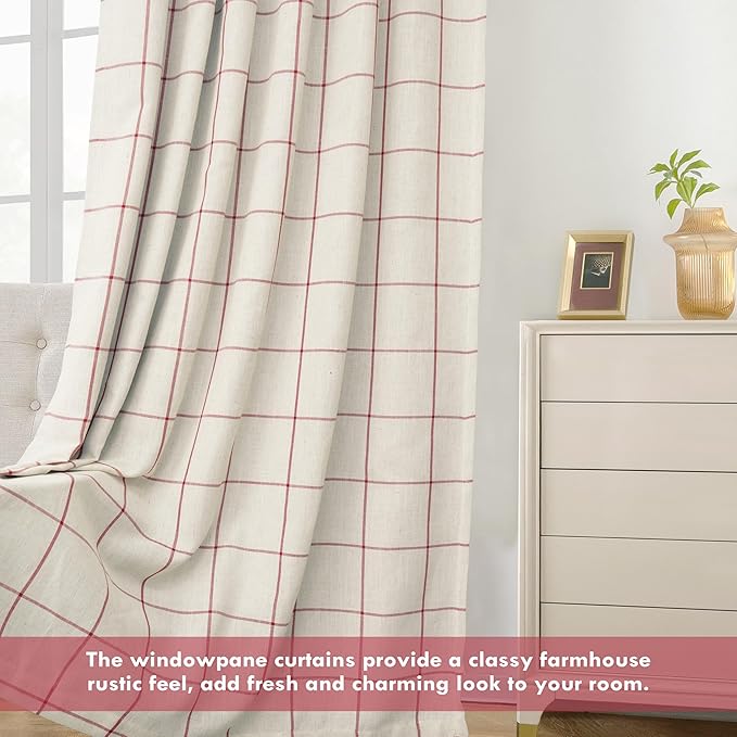 DriftAway 2 Panels 100% Blackout Windowpane Plaid Linen Curtains Double Layer Drapes for Bedroom 63 Inches Long Farmhouse Thermal Insulated 3.25 Inch Rod Pocket Back Tab for Living Room Red