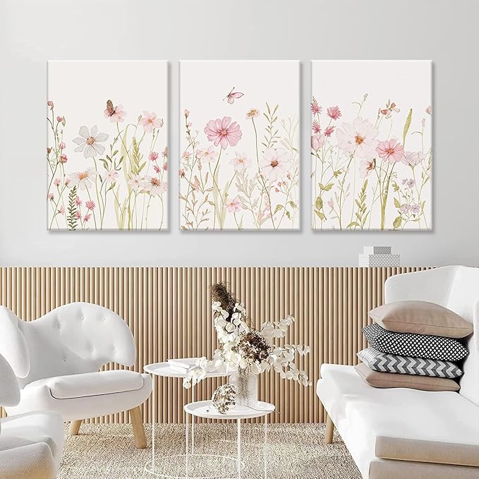 MTFBWY Floral Canvas Wall Art Flower Framed Art Prints Set of 3 Pink Wildflower Printing Botanical Nursery Pictures Wall Decor Artwork for Living Room Bedroom Bathroom 16x24in