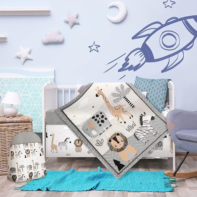 4 Piece Woodland Forest Animals Crib Bedding Set, Including Jungle Safari Crib Skirt, Blanket, Nursery Bed Sheet and Diaper Stacker, Soft Neutral Nursery Standard Size Baby Bedding for Baby Girls Boys
