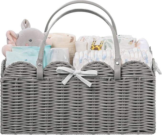 HBlife Baby Diaper Caddy Organizer, Washable Waterproof, Large Portable Scalloped Wicker Woven Basket with Divider, Nursery Diaper Station, Baby Shower Gifts Basket - Newborn Essentials, Car Organizer
