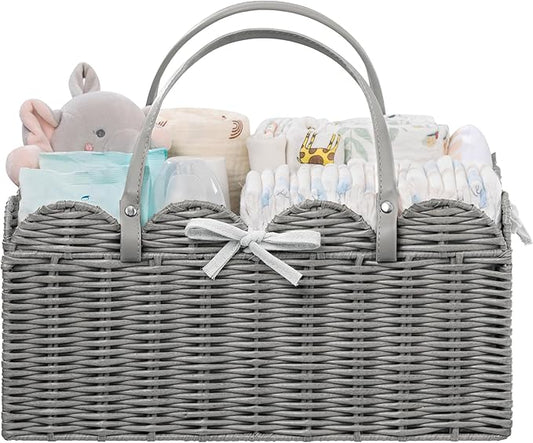 HBlife Baby Diaper Caddy Organizer, Washable Waterproof, Large Portable Scalloped Wicker Woven Basket with Divider, Nursery Diaper Station, Baby Shower Gifts Basket - Newborn Essentials, Car Organizer
