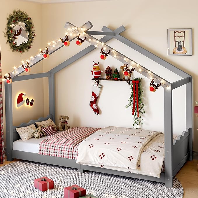 Twin Size Wooden House Floor Bed - Kids Bed Frame with Roof & Support Slats for Bedroom, No Box Spring Needed, Easy Assembly (Grey)