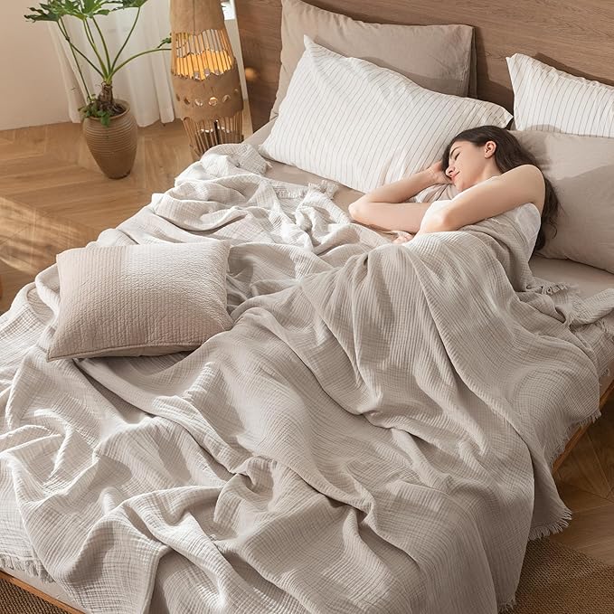 MooMee Muslin Blanket - 100% Cotton 4-Layer Gauze Throw Blanket with All-Around Fringe, Ultra-Soft Breathable Lightweight Cooling Decorative for Bed, Sofa & Couch (Cream Grey,Super King 108" x 98")