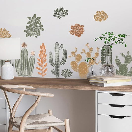 Cactus Wall Decals - Set of 15 Cacti Vinyl Room Decor Peel and Stick Removable Floral Stickers for Nursery Bedroom Bathroom