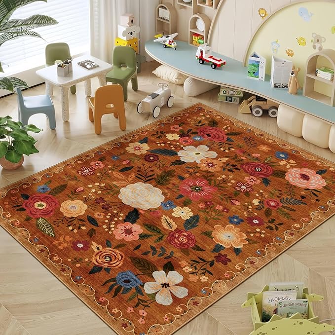 5x7 Washable Area Rug for Living Room, Floral Non-Slip Non-Shedding & Easy Care, Soft Low Pile Boho Indoor Floor Carpet for Living Room, Bedroom, Farmhouse, Dining Room, Kids Playroom, Orange