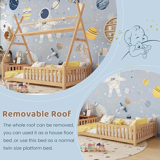 Twin House Bed with Light,Wood Twin Montessori FloorBed with Rails & Roof,Teepee Bed for Kids Boys Girls,with Slats Support,No Box Spring Needed, Natural