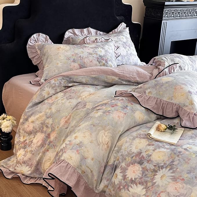 HighBuy Linen Duvet Cover Queen Vintage Purple Floral Ruffle Coquette Bedding Set French Yarn-Dyed Textured Soft Breathable Farmhouse Bedding with Zipper Closure & 4 Corner Ties - Linen,Queen