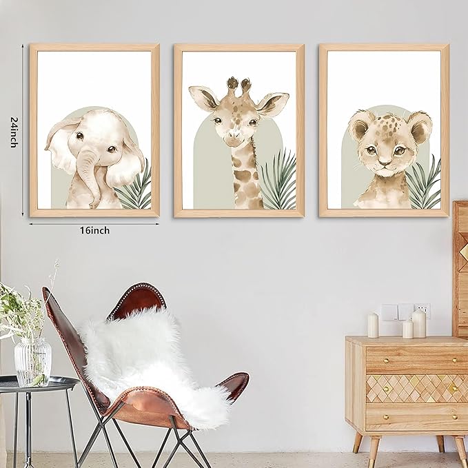 Framed Cute Animal Wall Art Nursery Decor Set of 3, Watercolor Elephant Giraffe Lion Canvas, Whimsical Wildlife Pictures Print, Nursery Wall Decor for Kids’ Bedroom Daycare – 16x24 inch
