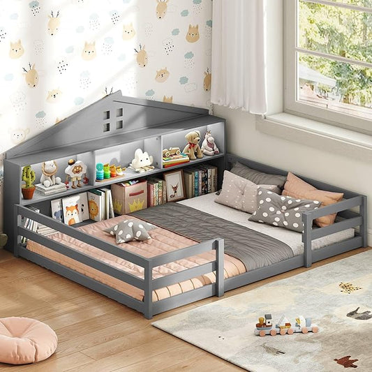 KOMFOTT Full Floor Bed with Bookcase & LED Light, Wood Bed Frame with Bedside Bookshelves & Guardrails, Versatile 2-in-1 Montessori Floor Bed for Kids