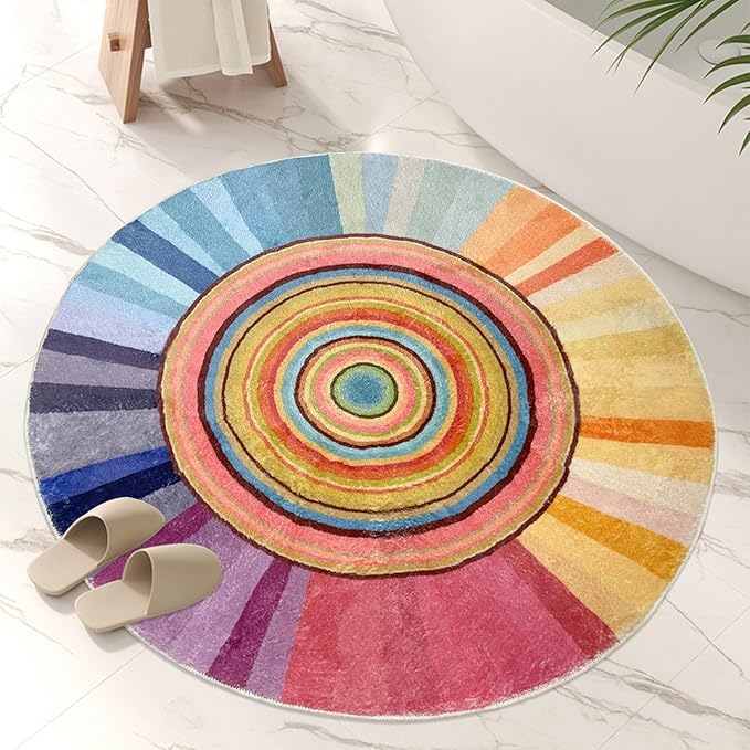 Kids Rug Circle Sun Rug for Girls Bedroom Round Rainbow Nursery Mat 2.6Ft Chic Bedside Carpet for Children Cartoon Crawling Mat for Playroom Indoor Home Decor