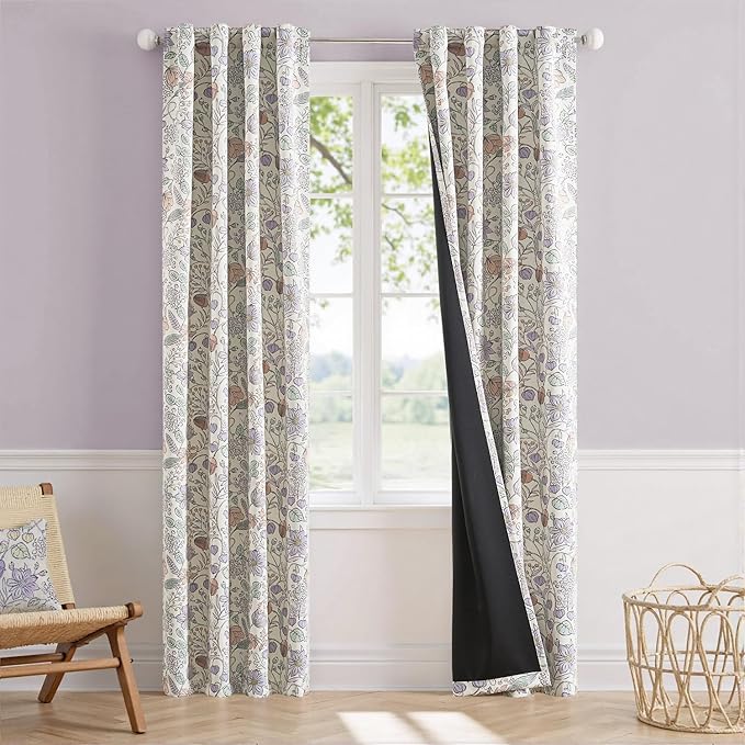 Vangao Purple Nursery Curtains for Girls Room Floral Blackout Dorm Curtains 84 Inch Length Farmhouse Drapes for Bedroom Room Darkening Flower Patterned Window Treatment for Kids Set of 2