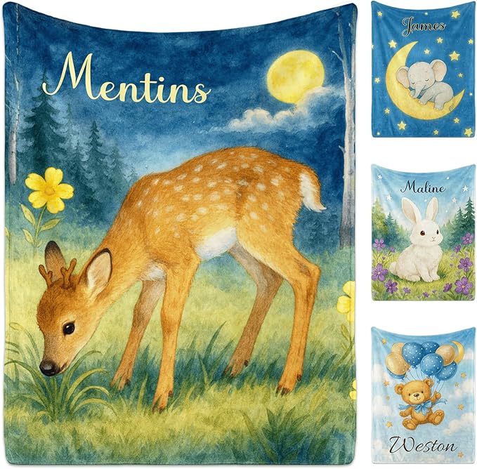 Ship Next Day Personalized Baby Blanket for Kids, Custom Baby Blanket with Name, Super Soft Flannel Blankets, Custom Deer Animal Blankets Baby Gifts for Christmas.