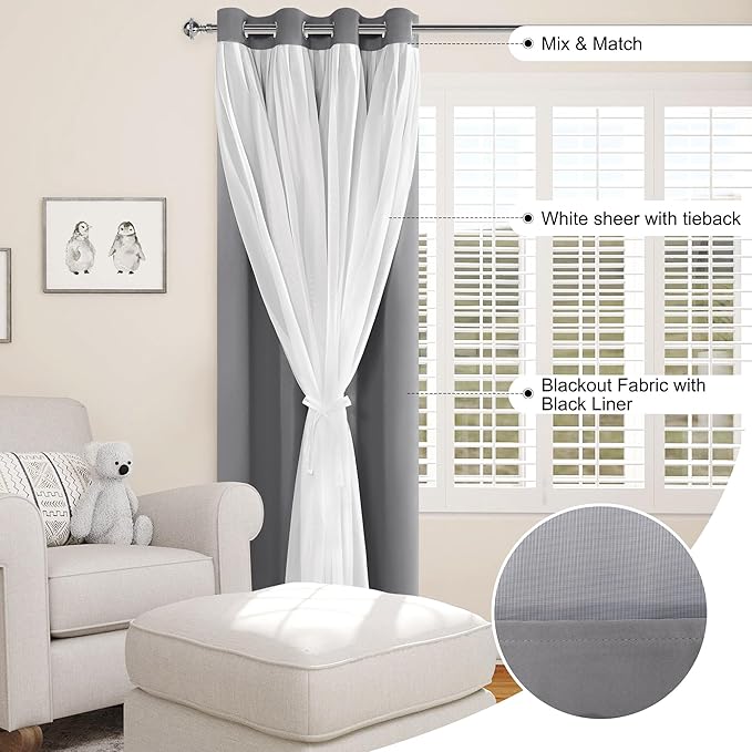 XWZO 100% Blackout Double Layer Curtains, Blackout Curtains with Sheer Overlay for Living Room, Children's Room, Grommet Thermal Insulated Privacy Curtains with Tiebacks, 2 Panels, 52x96, Grey