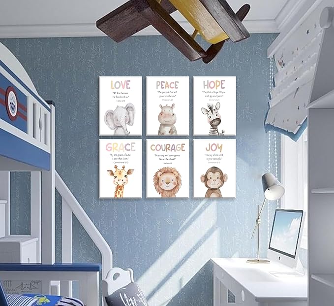 Safari Animal Bible Verse Nursery Wall Art Christian Picture Kids Room Wall Decor Uplifting Scripture Poster Hope Love Joy Jungle Animals Painting Canvas Print Artwork for Baby Room Playroom, Framed