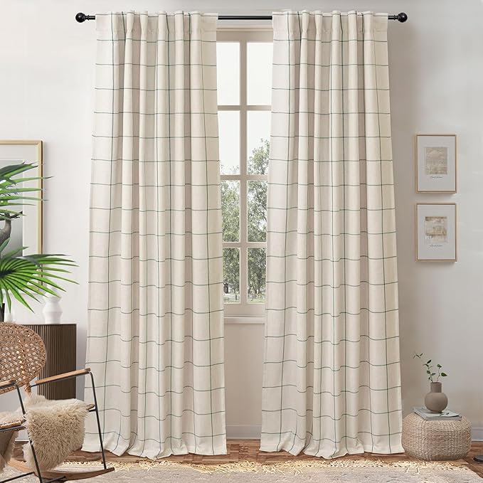 DriftAway 2 Panels 100% Blackout Windowpane Plaid Linen Curtains Double Layer Drapes for Bedroom 90 Inches Long Farmhouse Thermal Insulated 3.25 Inch Rod Pocket Back Tab for Living Room Loden Green