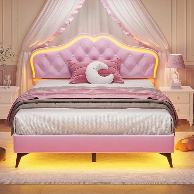 ADORNEVE Queen Size Upholstered LED Bed Frame, Girls Bed with Adjustable Crystal Button Headboard, Velvet Princess Platform Bed for Girls, Solid Wooden Slats, Easy Assembly, Pink