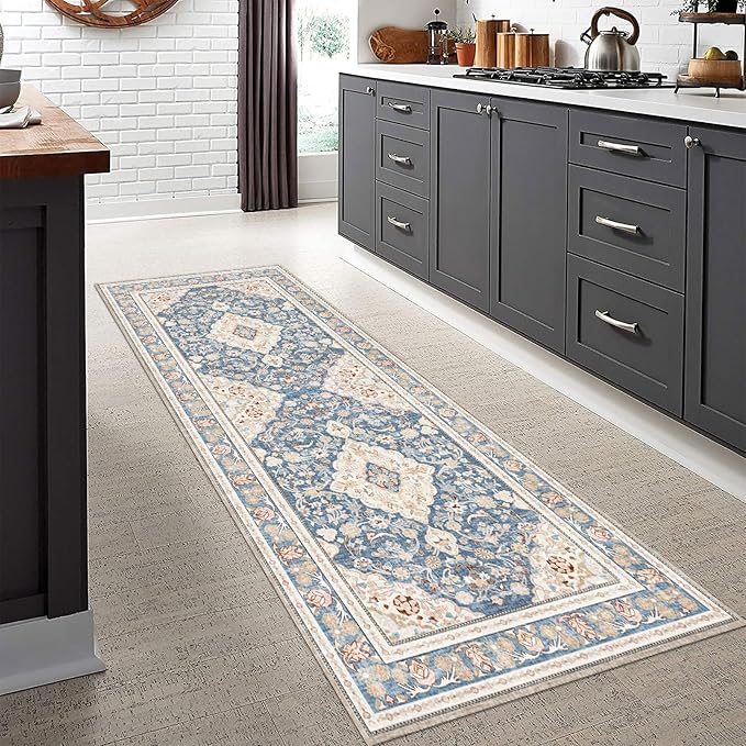 Vhong Boho Area Rugs Washable Runner Vintage Modern Neutral Carpet Blue 2×6 High Traffic Rugs for Kitchen Hallway Living Room Non Slip