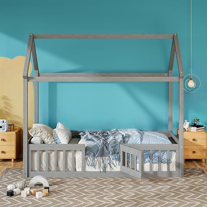 Merax Wooden House Bed, Floor Bedframe with Fence and Door,Full Guardrail, Twin Size, Grey