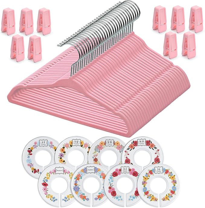 Velvet Baby Hangers with 10x Clips and 8X Dividers (30 Pack) | 11” Ultra-Slim Baby Clothes Hangers | Non-Slip Felt | Space-Saving Nursery & Infant Closet Organizer | Pink