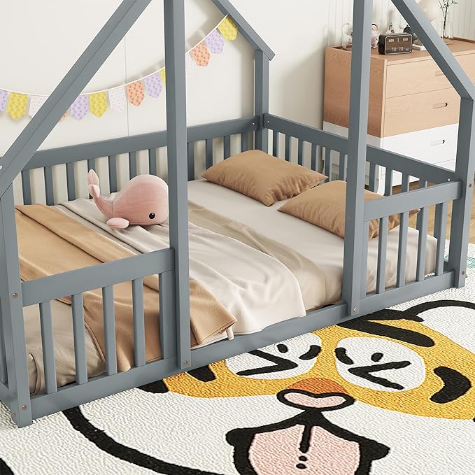 Bellemave Full Floor Bed for Kids, Girls, Boys, Wood House Bed Frame, House Floor Bed for Kids, Full Size Montessori Floor Bed with Fence, Playhouse for Kids, Gray