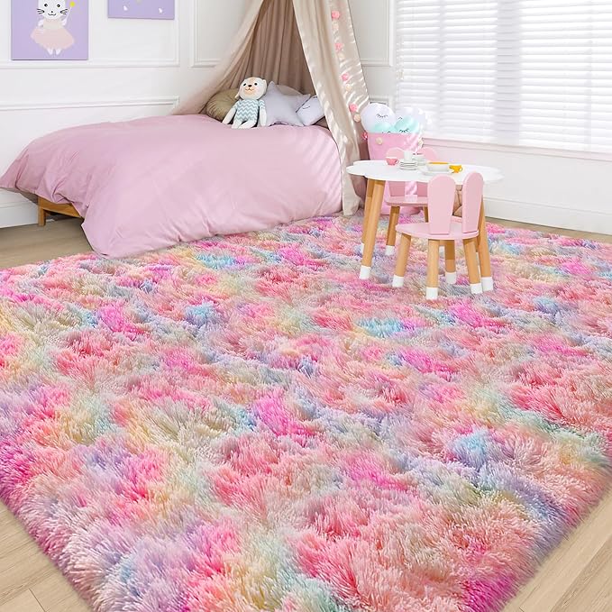Soft Fluffy Area Rug 8x10 Plush Rainbow Rugs for Girls Bedroom Shaggy Carpet Kawaii Unicorn Rug for Living Room Fuzzy Nursery Rug for Baby's Toddler's Room Cute Colorful Room Decor for Kids