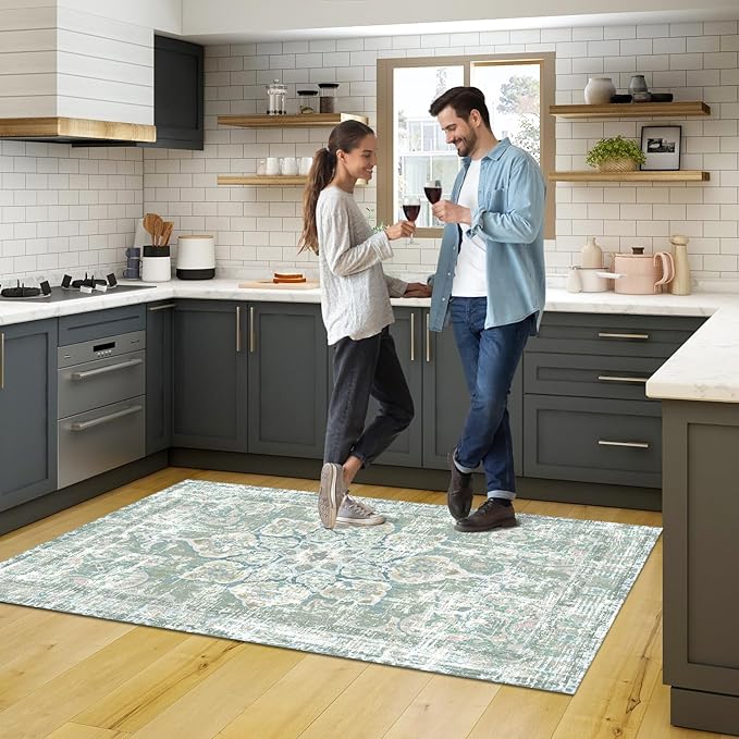 Vhong Washable Area Rugs Boho Vintage Neutral Modern Pale Green 4x6 Non Slip Small Carpet for Living Room Dining Room Bedroom Farmhouse