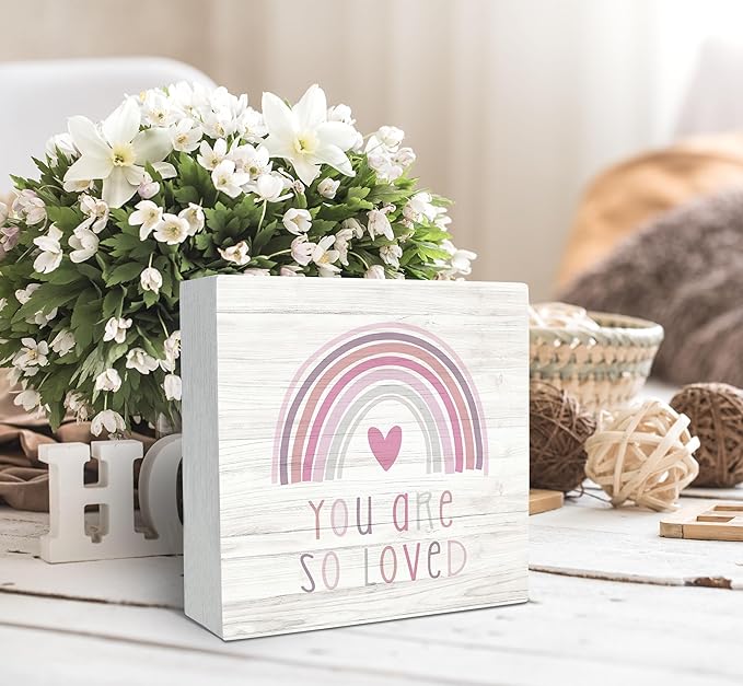 SRADMO You Are So Loved Rainbow Heart Wood Box Sign Desk Decor, Pink Decor Kids Inspirational Quotes Wooden Block Box Sign Decoration for Kids Room Nursery Playroom Shelf Table Decorative Accessories