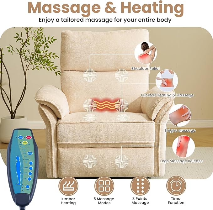 Oversized Power Recliner Chair Swivel Glider with Massage and Heat, Rocker Nursery Recliner for Adults with Adjustable Headrest, 26" Extra Wide Nursery Chair with Overstuffed Armrest,Beige