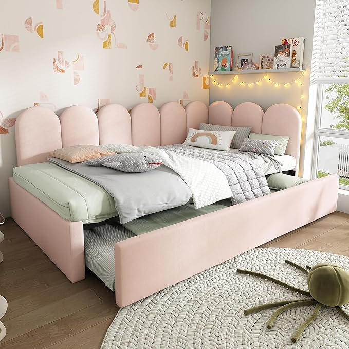 Merax Twin Size Modern Upholstered Platform Bed with Trundle Bed, Floor Sofa Daybed with Metal Slat Support, Low Bed Frame with Headboard/Twin, Pink
