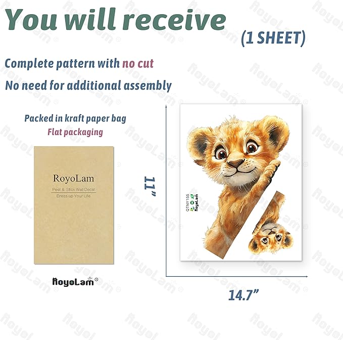 Baby Lion Wall Decals Removable Cartoon Animal Cub Peeking Vinyl Stickers for Nursery Living Room and Kids Playroom Jungle Theme Decor Peel and Stick Wall Art