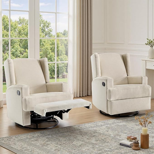 UIXE Swivel Glider Recliner Chairs Set of 2, Fabric High Back Accent Chair Nursery Rocker for Living Room, Upholstered Manual Reclining Sofa Seating with Deep Seat - Beach