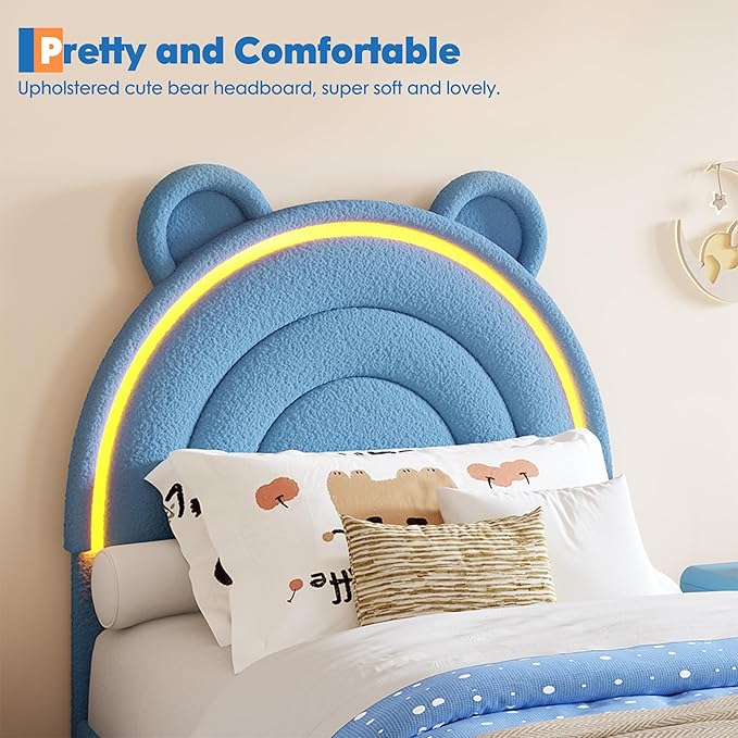 Garvee Twin Size Bed Frame with 4 Storage Drawers & LED Lights, Velvet Upholstered Platform Bed with Rainbow Headboard for Kids/Boys, Solid Wood Slats Support, No Box Spring Needed, Blue