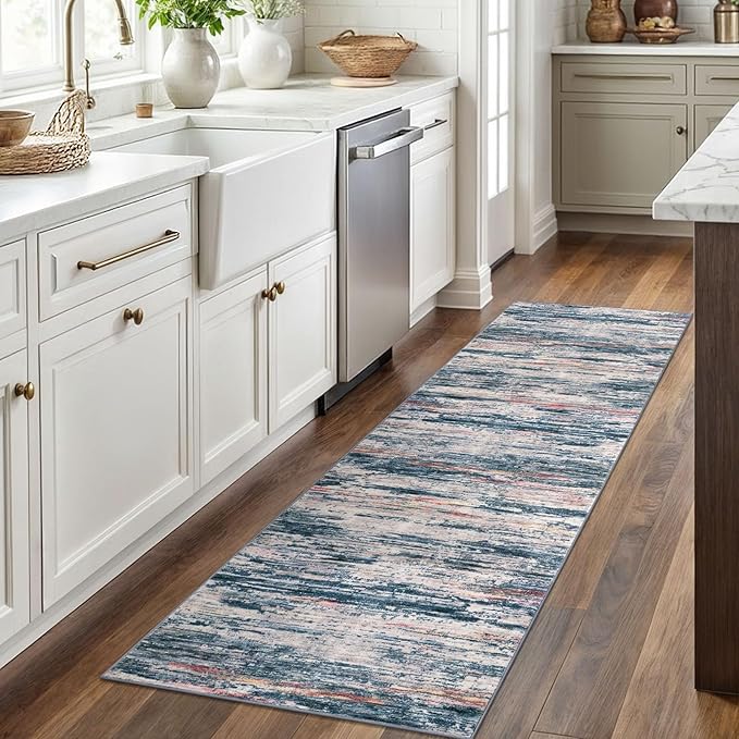 2x6 Modern Abstract Runner Rug for Hallway, Teal Blue Peach Gray Multi Super Soft Hallways Decor Kitchen Rugs with Non-Slip, Non-Shedding Washable Rug for Entryway Bedroom Laundry Indoor