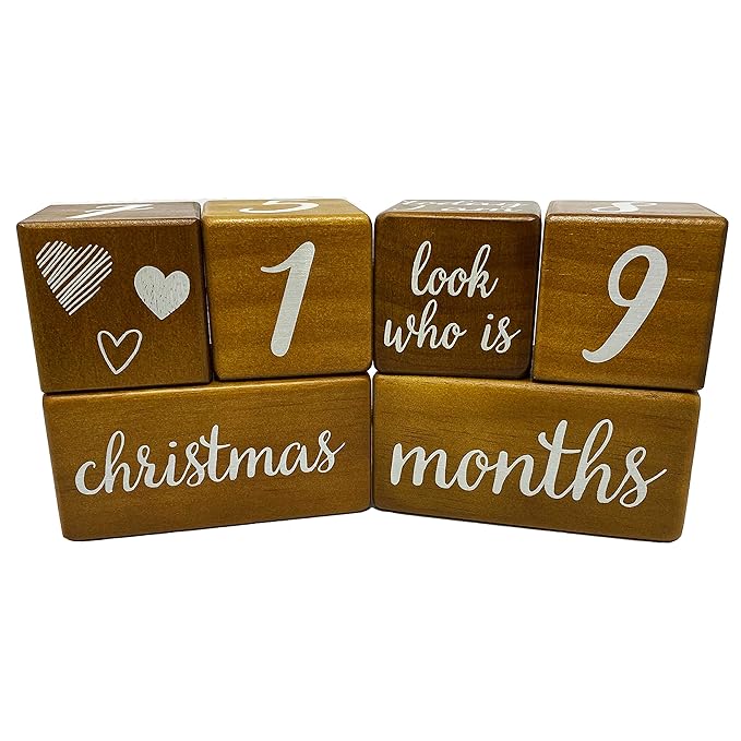 Pondering Pine Baby Milestone Blocks - Natural Brown Stain Pine Wood with Weeks Months Years Grade and Holidays, Newborn Weekly Monthly First Year Picture Props, 6 Block Milestones Age Set with Bag