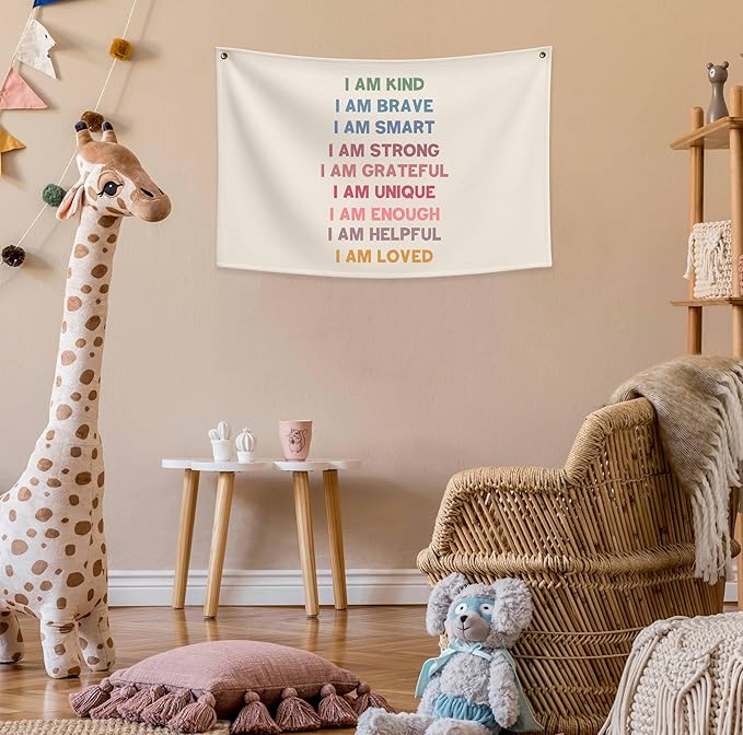Boho Rectangular Banner Flag Wall Sign Decor Gift for Baby Boy Girl Kids,Positive Nursery Classroom Above Crib Bedroom Playroom Reading Room Essential Wall Decor- Christmas Gift I am Kind I am Brave