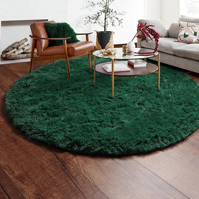 ONASAR Dark Green Round Area Rugs 6ft, Ultra Soft Bedroom Circle Rug for Kids Girls Teen Room, Furry Plush Shaggy Carpet Floor Mat for Baby Nursery Living Room Playroom Dorm Home Decor
