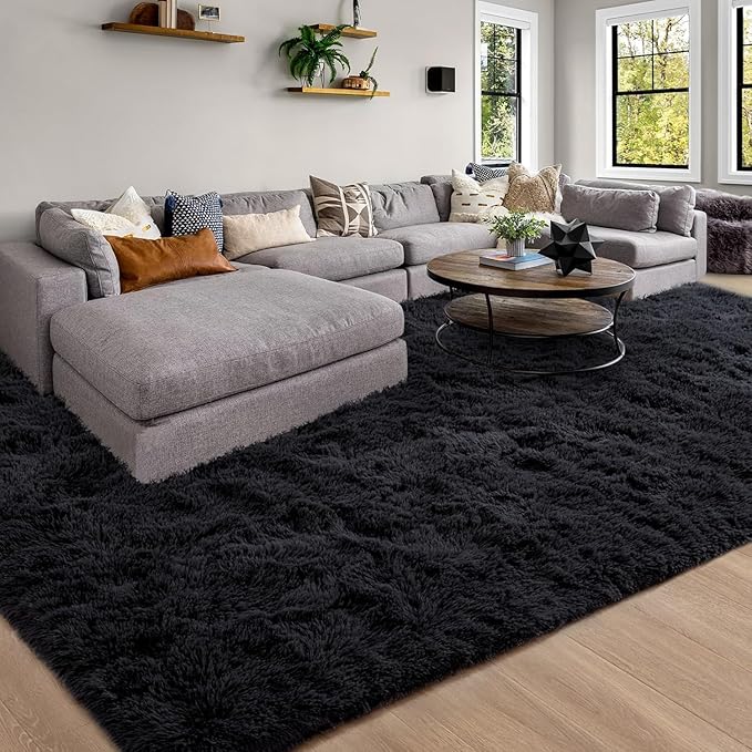 Merelax Soft Modern Indoor Large Shaggy Rug for Livingroom Bedroom Decor Aesthetic, Non-Slip Plush Fluffy Area Rugs for Boys Dorm Nursery Indoor Accent Floor Carpet 8x10Feet, Black