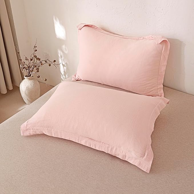 MorroMorn Muslin Duvet Cover Twin Size, 100% Breathable Cotton 2-Layer Gauze Comforter Cover Set 3 Pieces with 2 Pillowcases Zipper Closure & Corner Ties, Ultra Soft Linen Like, 68"x90", Pink