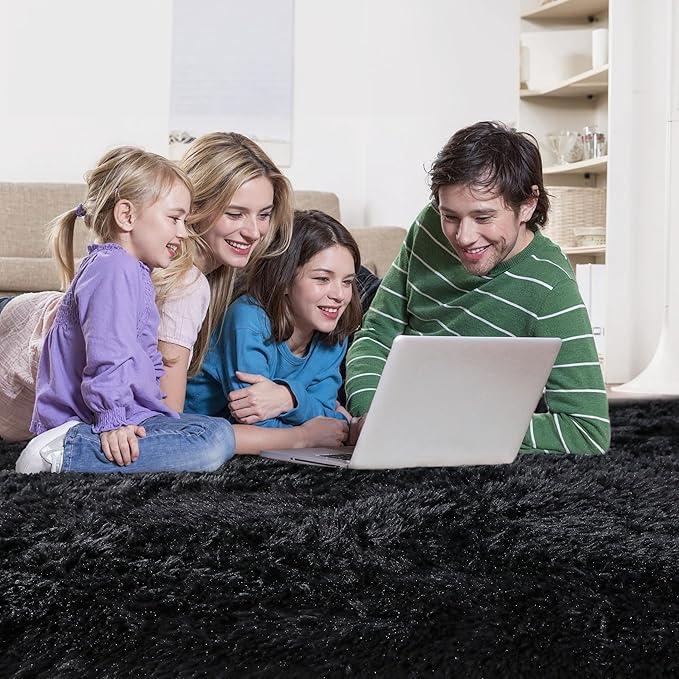 Thick Area Rug Black Fluffy Shag 6x9 for Bedroom, Ultra Soft Plush Shaggy Fuzzy Washable Carpet, Modern Thickened Non-Slip Cozy Furry Rug for Living Room Kids Baby Nursery, and Dorm