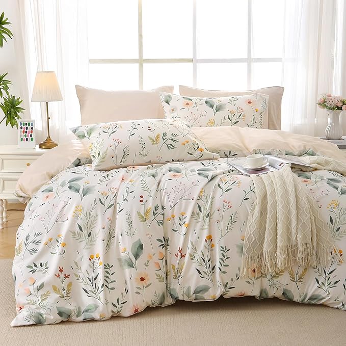 MUXHOMO Duvet Cover King Size, Reversible Floral Vintage Cover Set with Zipper Closure, 3 Pieces Botanical Patterns Soft Microfiber Bedding Set (90"x104", 2 Pillow Cases 20"×36", Garden Leaves Beige)