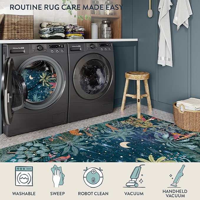 Lahome Midnight Jungle Green Rug, Washable 8x10 Rugs for Bedroom Living Room, Soft Forest Kids Rugs for Playroom, Non Slip Stain Resistant Floor Carpet for Office Dining Room