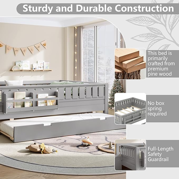 Bellemave Full Bed with Trundle and Stairs, Full Size Platform Bed Frame with Fence and Bookshelf, Easy Assemble Beds for Kids, Girls, Boys, Gray