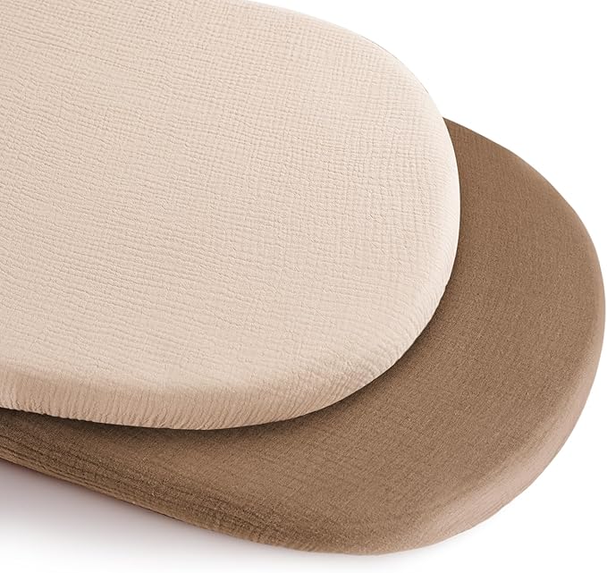 Konssy 2 Pack Muslin Bassinet Sheets for Baby Boy, 100% Cotton Soft Breathable Bassinet Mattress Sheets Fit for Hourglass Oval Cradle Rectangle Mattress (Brown,Summer Wheat)