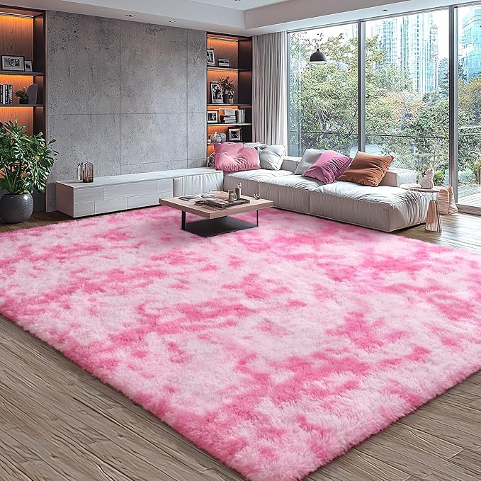 EVOIONOS Area Rug for Bedroom Living Room, Machine Washable 4x6 Fluffy Shag Rug, Soft Plush Non Slip Carpet for Indoor Floor Bedside Nursery Girls Kids Room Dorm, Home Decor Aesthetic, Tie-Dyed Pink