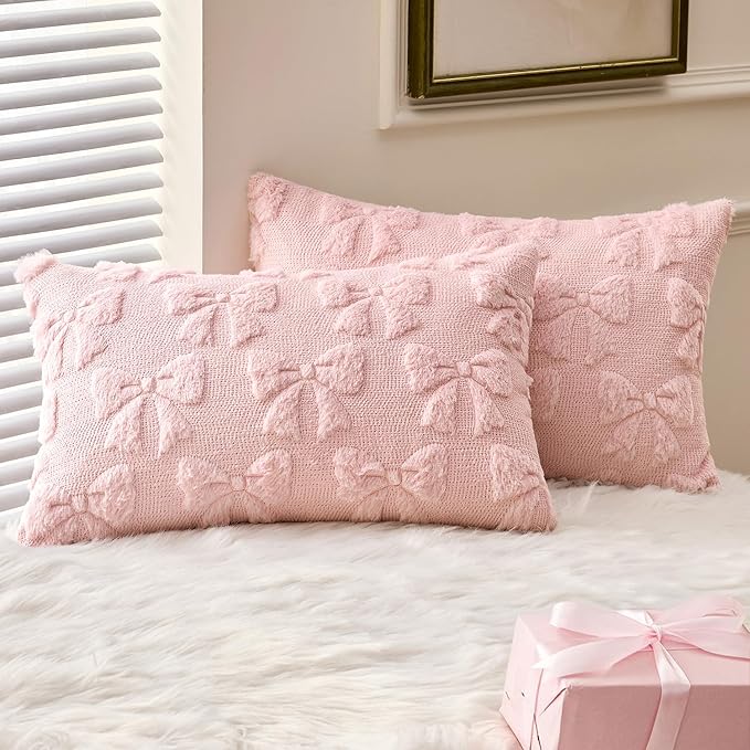 MIULEE Light Pink Bow Pillow Covers Coquette Room Decor Aesthetic Set of 2 Decorative Cute Girl Christmas Throw Pillow Soft Plush Faux Pillowcase for Girl Bed Couch Sofa,12x20 Inch