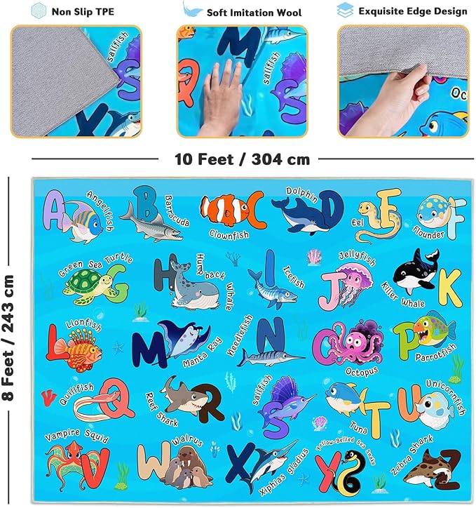Kids Rugs for Playroom, 8x10 Ft Educational Rug for Learn The ABC Alphabet, Soft Machine Washable Non-Slip Cute Marine Organisms Carpet for Classroom Toddler Nursery Kids Room Decor, Blue